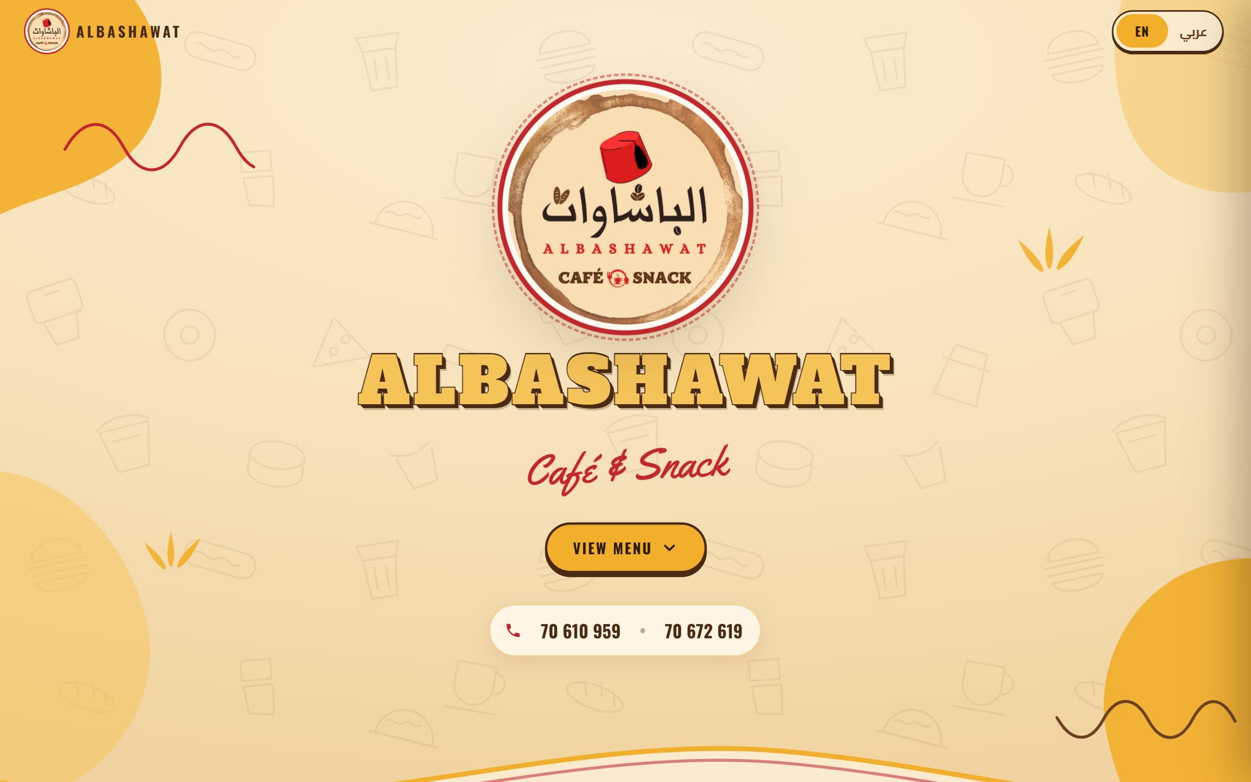 Albashawat café storefront with its bilingual logo and a view-menu button